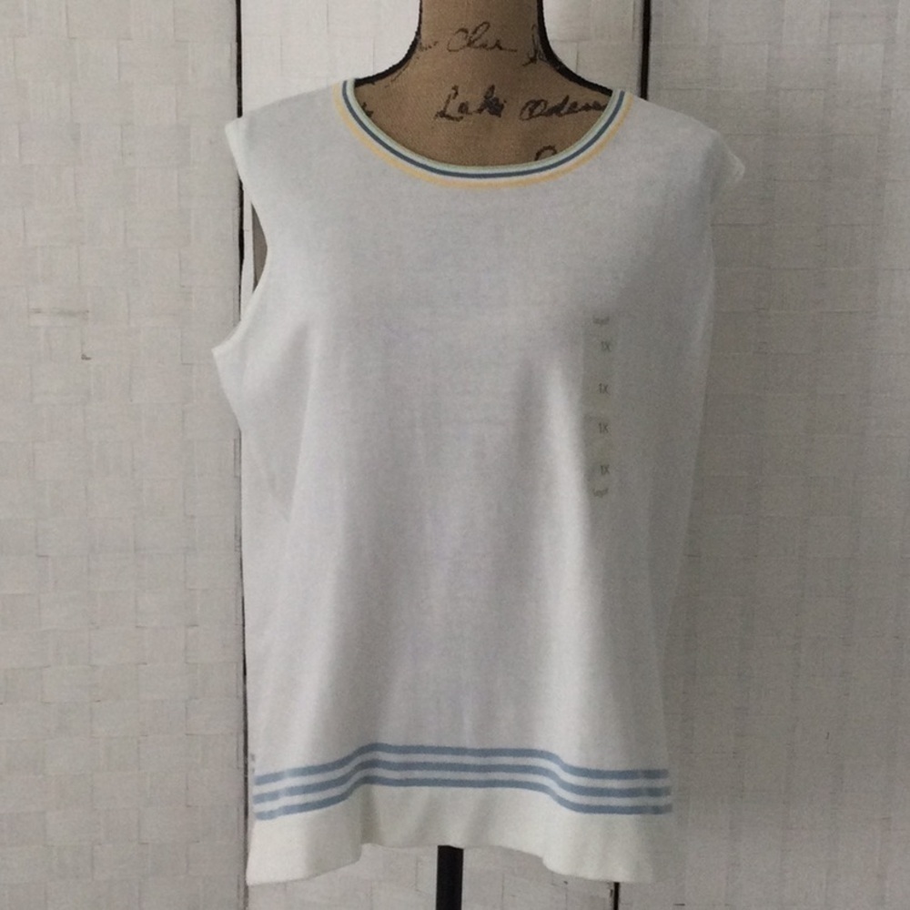 Womens Lizgolf  Top size 1X color white blue & yellow sleeveless washable #476
